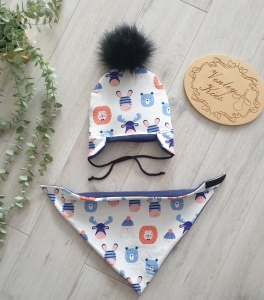 NIEBIESKIE ZWIERZACZKI zestaw zimowy z pomponem  