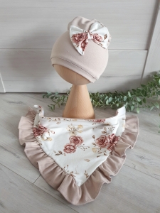 Czapka z chustą beż + HERBACIANE RÓŻE  