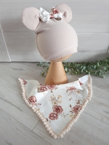Czapka z uszkami + chusta HERBACIANE RÓŻE