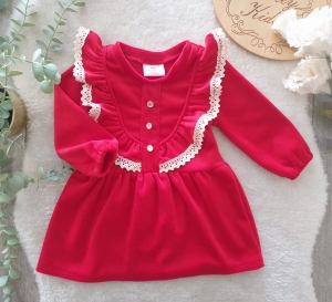 Sukienka welur czerwona z koronką i guzikami