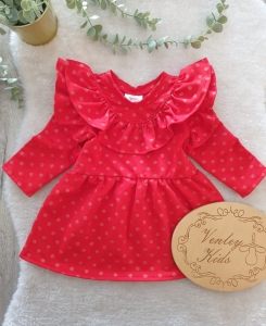 Sukienka złote kropy czerwona z falbankami