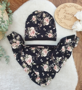 RÓŻE NA CIEMNYM zestaw czapka z chustą  