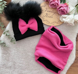 Zestaw zimowy czarny z dodatkiem różu 