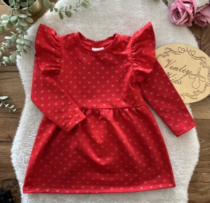 Sukienka złote kropy czerwona z falbankami - wyprzedaż