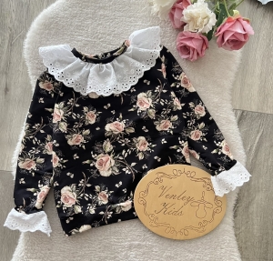 Bluza róże na ciemnym z koronką haft 