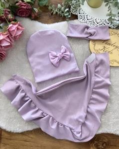 Zestaw prążkowany jesienny kokarda falbana lila