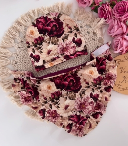 Czapka z chustą BORDO z BURGUNDOWE KWIATY