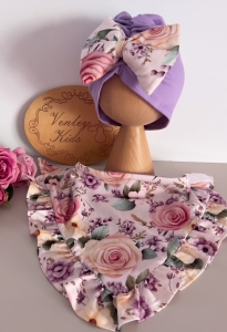 Czapka turban chusta lila + kolorowy kwiat
