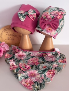 Czapka turban chusta malina + rajski kwiat