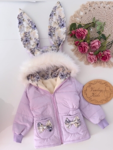 Płaszczyk lila z fioletowe bukieciki zimowy
