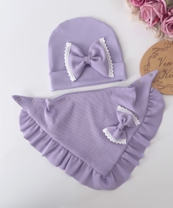 Czapka z chustką prążek lila z koronką 