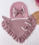 Czapka z chustką prążek kwarc z koronką 