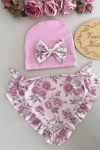 Czapka z chustką puder z pudrowe kwiatuszki