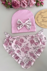 Czapka z chustką puder z pudrowe kwiatuszki