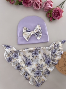 Czapka z chustką lila z fioletowe bukieciki