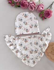 Czapka z chustką BŁĘKITNE KWIATUSZKI
