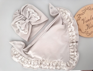 Turban z chustką beż z haft na tiulu 