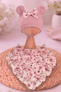 Czapka chusta opaska kwarc + pudrowe kwiatuszki + koronka