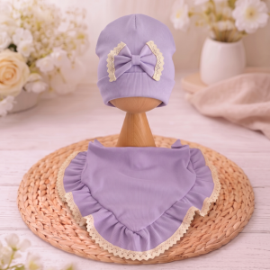 Czapka z chustką prążek lila z koronką 
