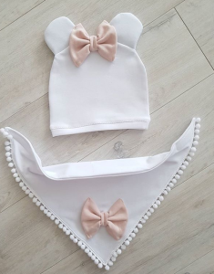 Czapka ( kokarda ) z uszami  + chusta z pomponami kopia