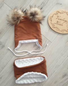 HIT !!! Komplet zimowy z dwoma pomponami brąz z białym