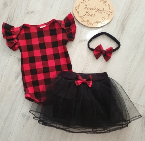 Zestaw czerwona kratka z czarnym tiulem 