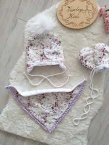 KWIATUSZKI FIOLET zestaw zimowy 3 el  pomponiki