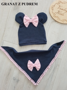 Czapka z uszami  + chusta z pomponami kokardki
